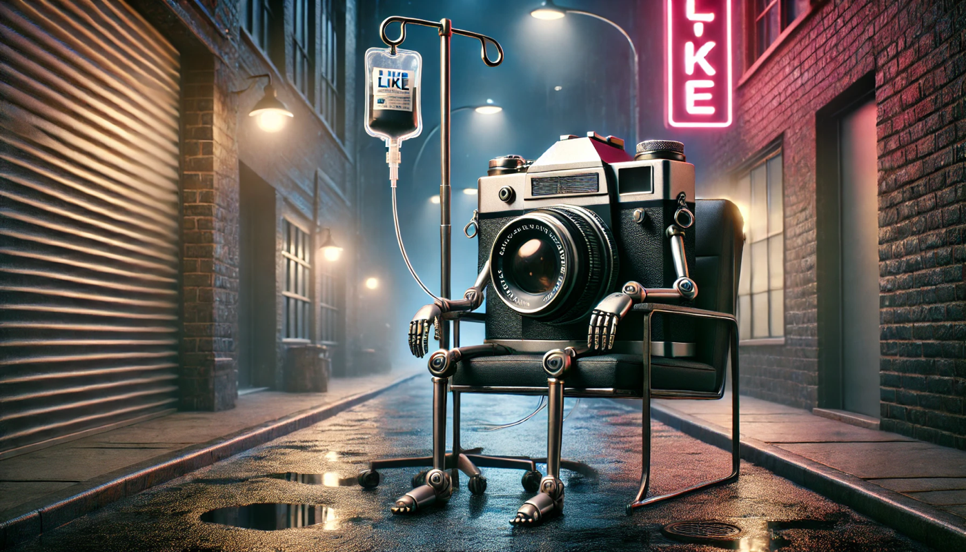 Picture of a 35mm camera anthropomorphized, sitting in a chair, IV saline drip bag on a pole with tube leading to camera's arm